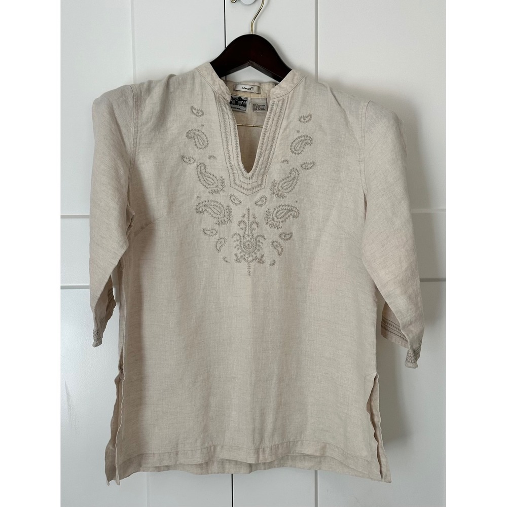 Edward Irish Linen Tunic Top Womens Large Beige Paisley Embroidered V-Neck Boho